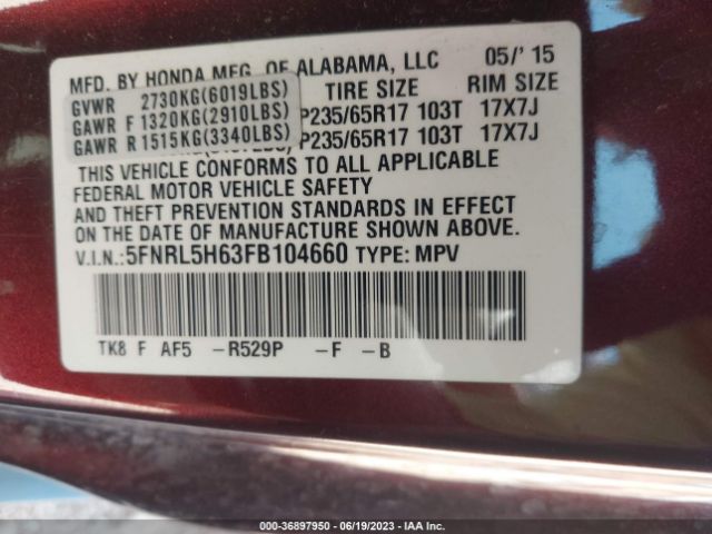 5FNRL5H63FB104660 Honda Odyssey Ex-l