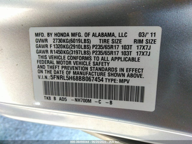 2011 HONDA ODYSSEY EX-L VIN: 5FNRL5H68BB067454