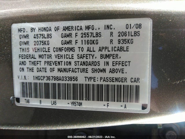 2008 HONDA ACCORD SDN EX VIN: 1HGCP36798A033956