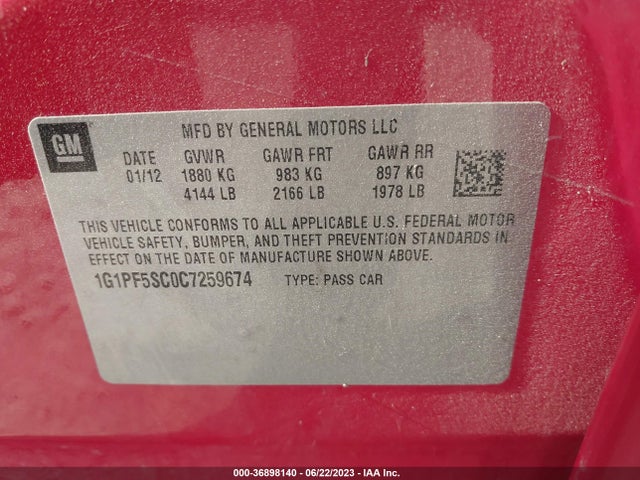 2012 CHEVROLET CRUZE LT W/1LT VIN: 1G1PF5SC0C7259674