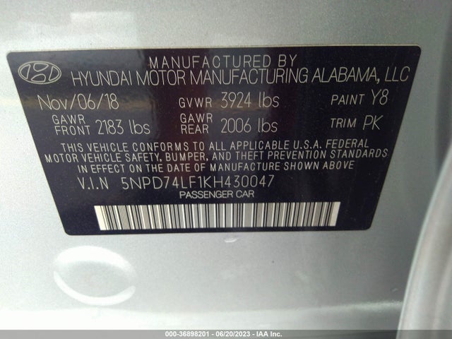 2019 HYUNDAI ELANTRA SE VIN: 5NPD74LF1KH430047