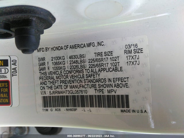 Honda Cr-v Ex-l 2016 5J6RM4H73GL057610 Image 9