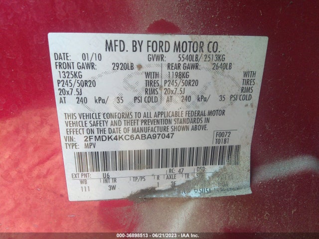 2010 FORD EDGE LIMITED VIN: 2FMDK4KC6ABA97047