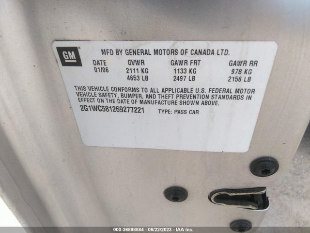 2006 CHEVROLET IMPALA LT 3.9L VIN: 2G1WC581269277221
