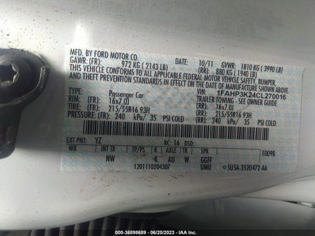 2012 FORD FOCUS SE VIN: 1FAHP3K24CL270016