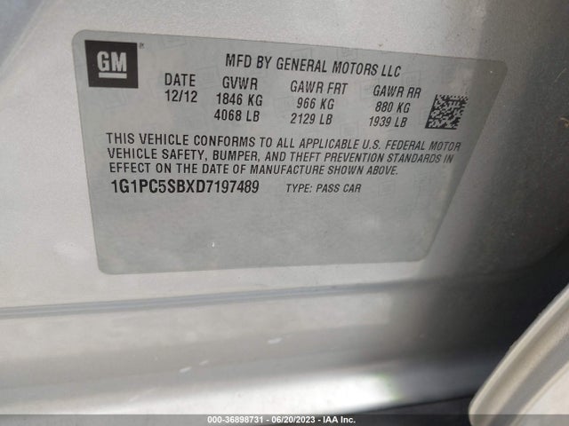 2013 CHEVROLET CRUZE 1LT VIN: 1G1PC5SBXD7197489