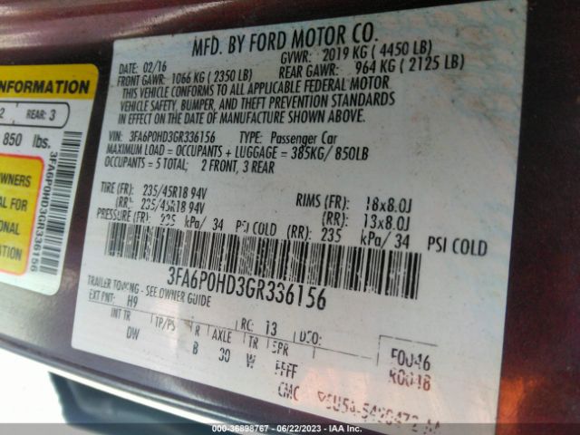 3FA6P0HD3GR336156 Ford FUSION SE