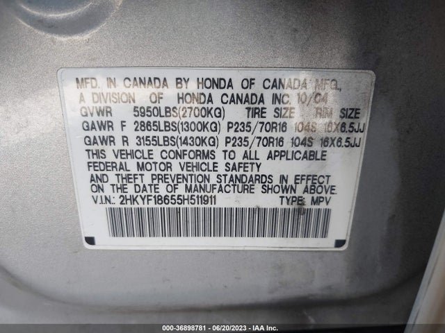 2005 HONDA PILOT EX-L WITH RES VIN: 2HKYF18655H511911