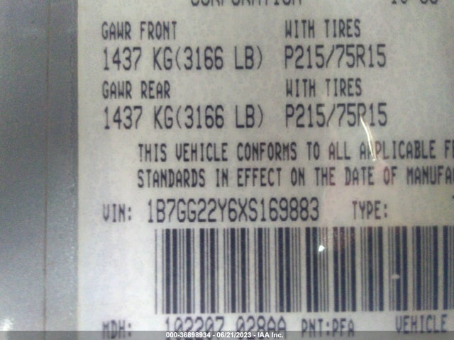 1999 DODGE DAKOTA SLT/SPORT VIN: 1B7GG22Y6XS169883