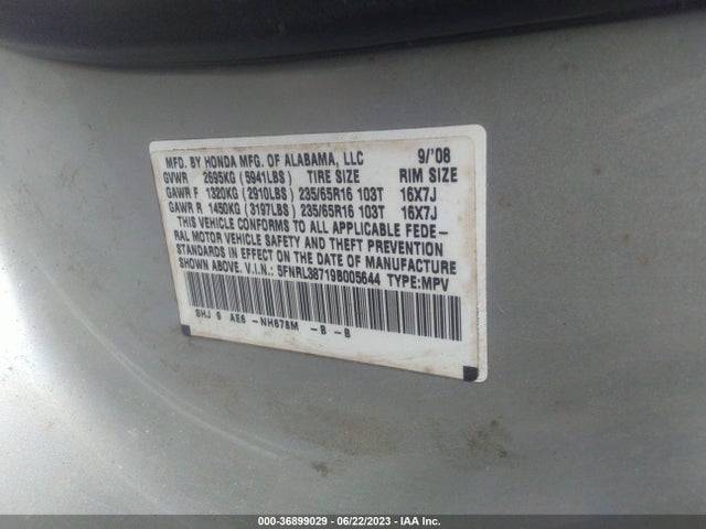 2009 HONDA ODYSSEY EX-L VIN: 5FNRL38719B005644