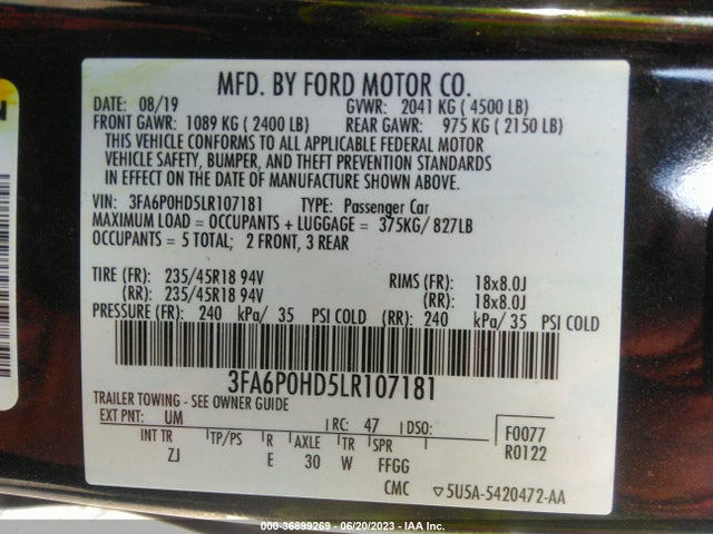 2020 FORD FUSION SE VIN: 3FA6P0HD5LR107181