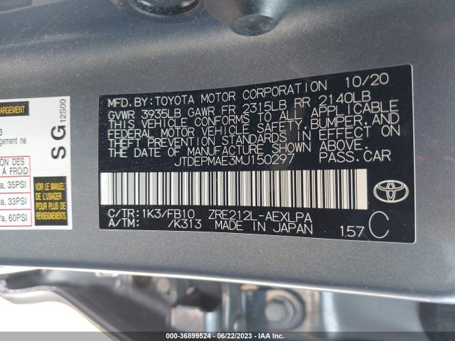 2021 TOYOTA COROLLA LE VIN: JTDEPMAE3MJ150297