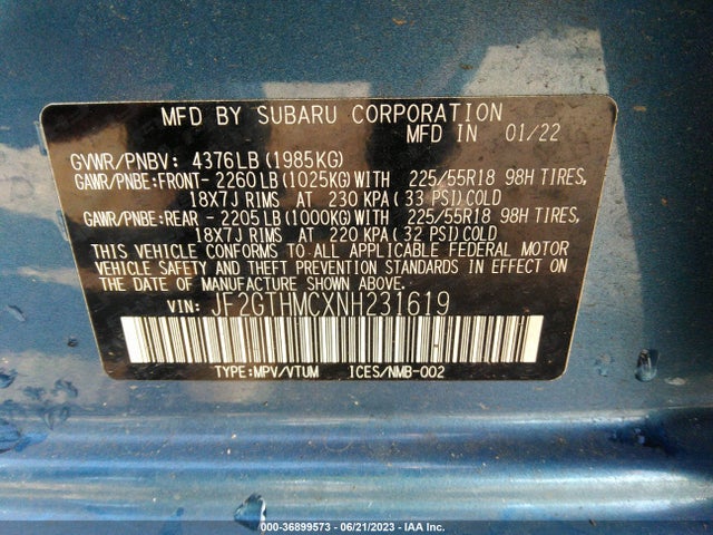 2022 SUBARU CROSSTREK LIMITED VIN: JF2GTHMCXNH231619