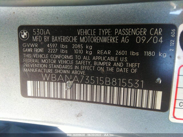 2005 BMW 5 SERIES 530I VIN: WBANA73515B815531