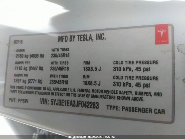 Tesla Model 3 Range Battery 2018 5YJ3E1EA3JF042283 Image 8