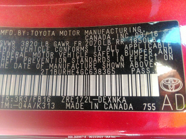 Toyota Corolla L/le/s/s Plus/le Plus 2016 2T1BURHE4GC638365 Image 15