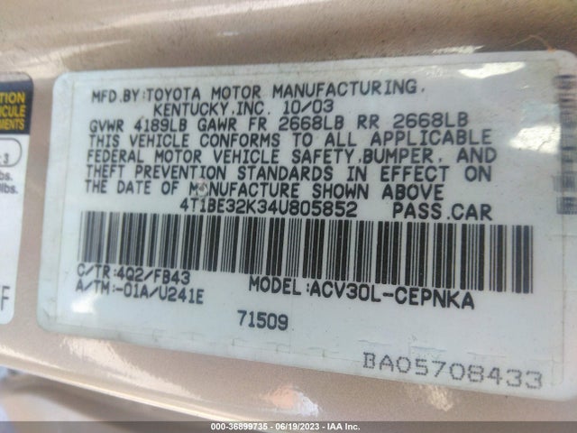 2004 TOYOTA CAMRY LE/SE/XLE/STD VIN: 4T1BE32K34U805852