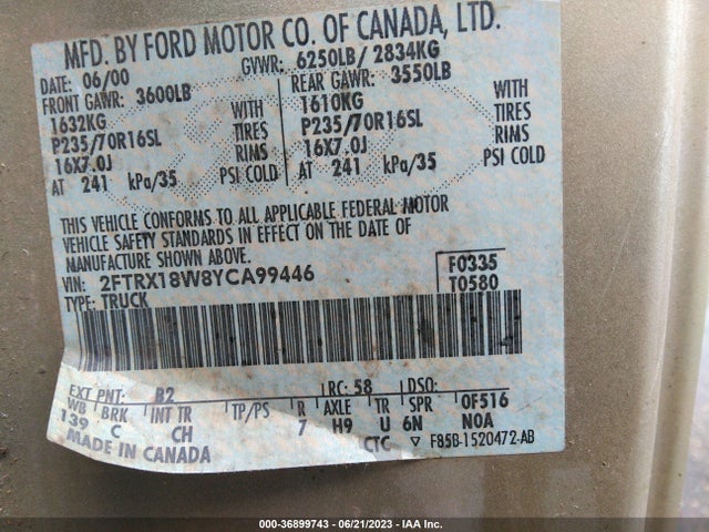 2000 FORD F-150 VIN: 2FTRX18W8YCA99446