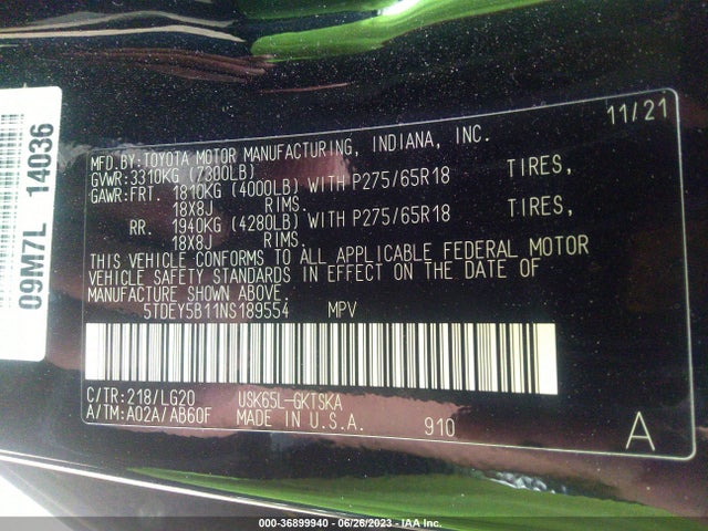 2022 Toyota Sequoia, VIN: 5TDEY5B11NS189554