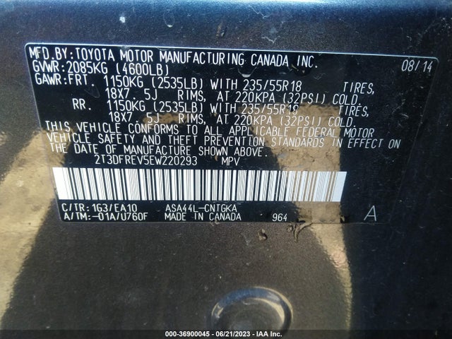 2014 TOYOTA RAV4 LIMITED VIN: 2T3DFREV5EW220293