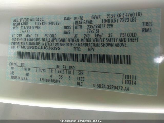 1FMCU9GD4JUC36395 Ford ESCAPE SE