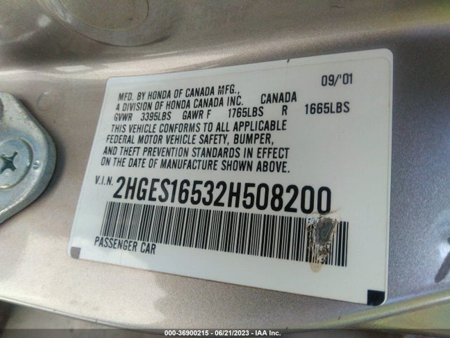 2002 HONDA CIVIC LX VIN: 2HGES16532H508200