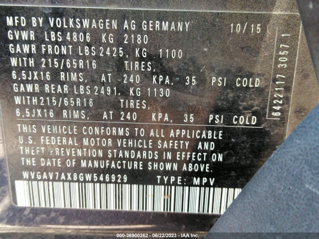 WVGAV7AX8GW546929 Volkswagen TIGUAN S