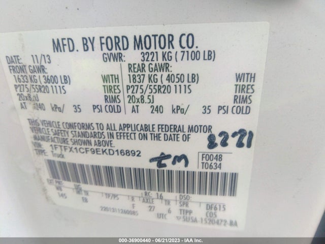 2014 FORD F-150 XL/XLT/STX/FX2/LARIAT VIN: 1FTFX1CF9EKD16892