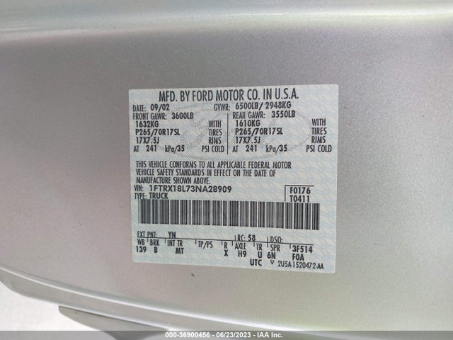 2003 FORD F-150 XL/XLT/LARIAT VIN: 1FTRX18L73NA28909