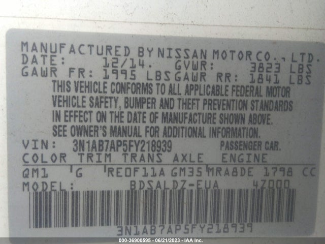 2015 NISSAN SENTRA SR/SL/S/SV/FE+ S VIN: 3N1AB7AP5FY218939