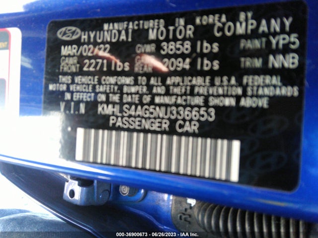 2022 HYUNDAI ELANTRA SEL VIN: KMHLS4AG5NU336653