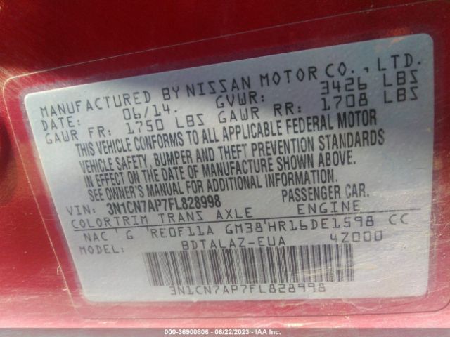 3N1CN7AP7FL828998 Nissan Versa S Plus