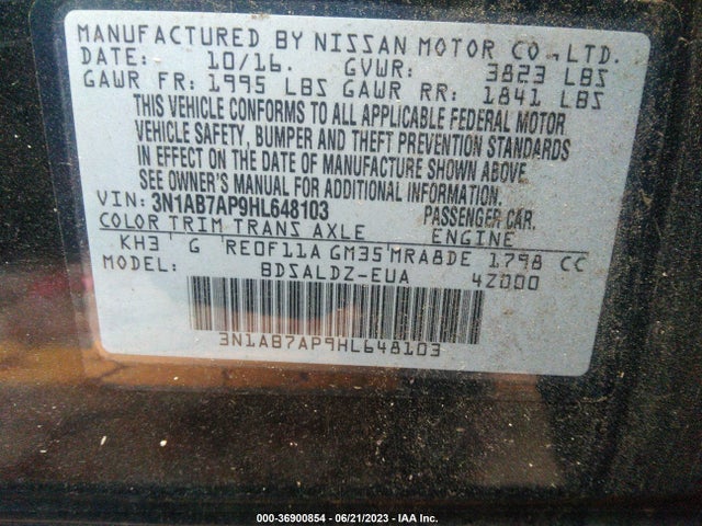 2017 NISSAN SENTRA SV VIN: 3N1AB7AP9HL648103