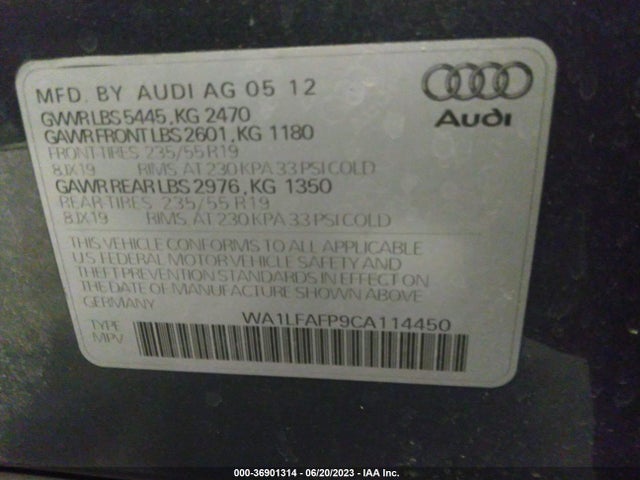 2012 AUDI Q5 2.0T PREMIUM PLUS VIN: WA1LFAFP9CA114450