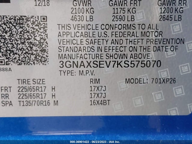 36901422 :رقم المزاد ، 3GNAXSEV7KS575070 vin ، 2019 Chevrolet Equinox Ls مزاد بيع