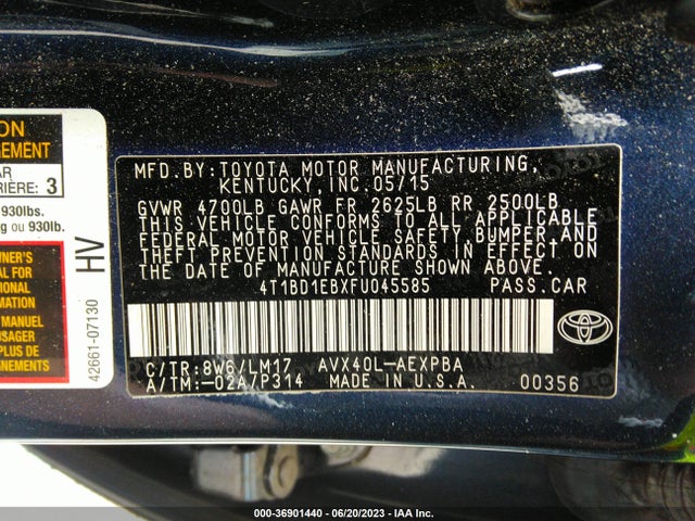 2015 TOYOTA AVALON HYBRID XLE TOURING/LIMITED VIN: 4T1BD1EBXFU045585