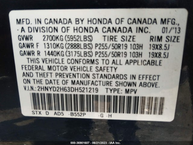 2013 ACURA MDX ADVANCE PKG VIN: 2HNYD2H63DH521219