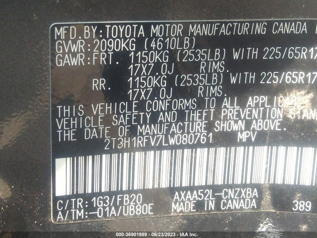 2020 TOYOTA RAV4 LE VIN: 2T3H1RFV7LW080761