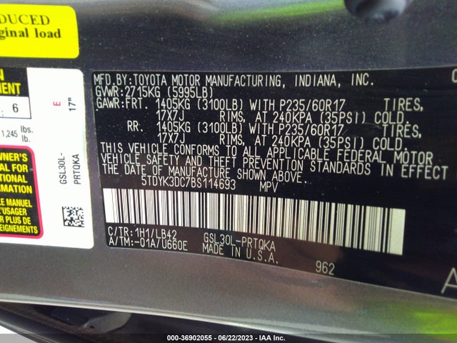 2011 TOYOTA SIENNA XLE AAS/XLE/LTD VIN: 5TDYK3DC7BS114693