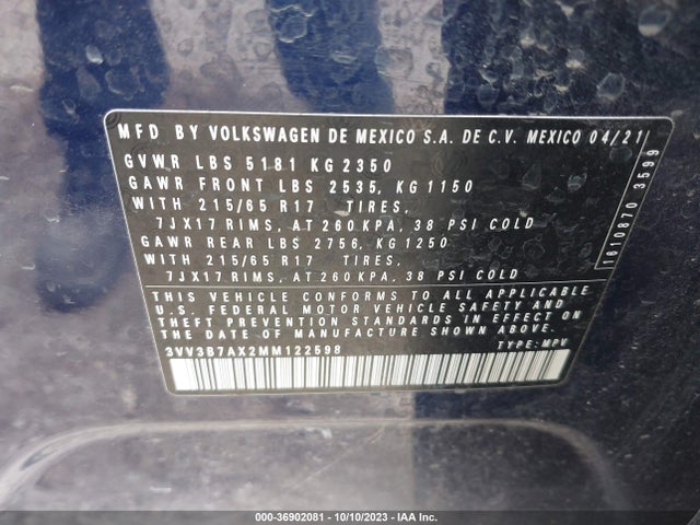 3VV3B7AX2MM122598 Volkswagen Tiguan Se/se R-line Black/sel