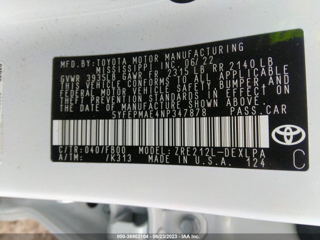 2022 TOYOTA COROLLA LE VIN: 5YFEPMAE4NP347878