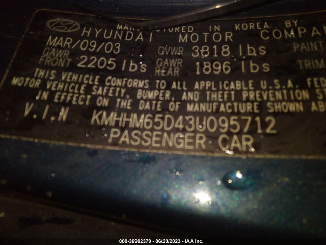 2003 HYUNDAI TIBURON VIN: KMHHM65D43U095712