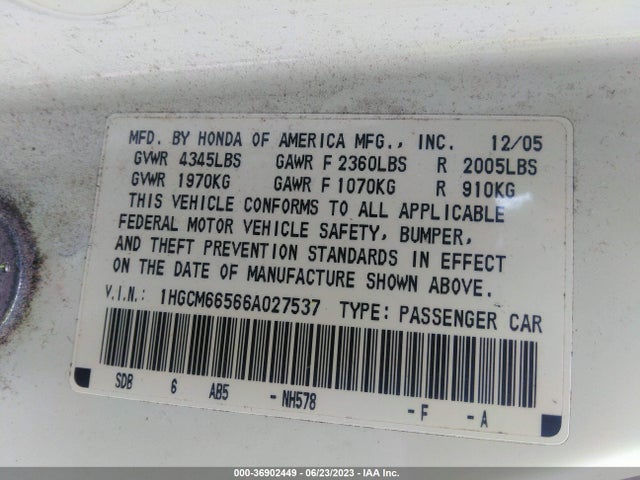 2006 HONDA ACCORD SDN EX-L V6 VIN: 1HGCM66566A027537