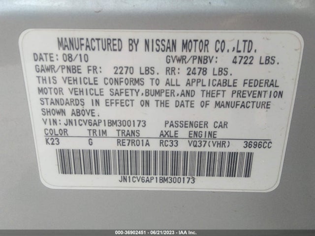 2011 INFINITI G37 SEDAN JOURNEY VIN: JN1CV6AP1BM300173