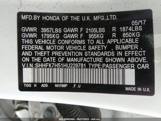 Honda Civic Hatchback Ex 2017 SHHFK7H51HU229781 Image 9