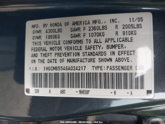 2006 HONDA ACCORD SDN EX-L V6 VIN: 1HGCM65546A024217