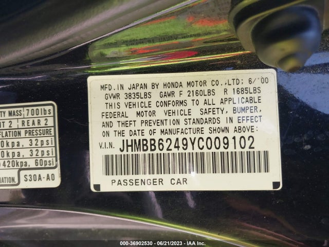 2000 HONDA PRELUDE VIN: JHMBB6249YC009102