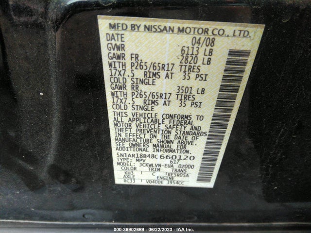 2008 NISSAN PATHFINDER LE VIN: 5N1AR18B48C660120