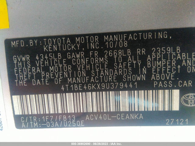 2009 TOYOTA CAMRY VIN: 4T1BE46KX9U379441