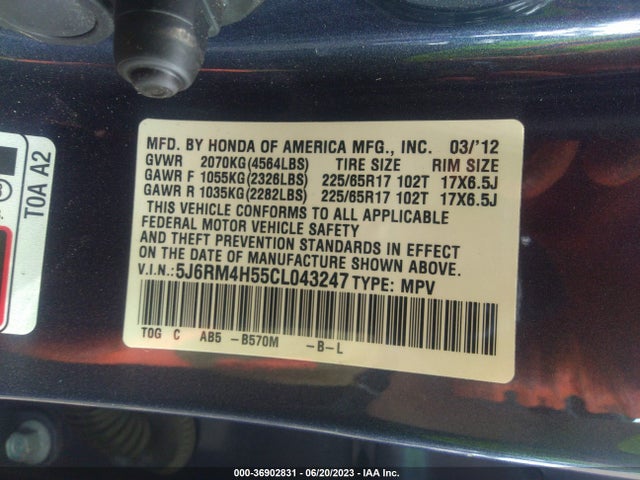 2012 HONDA CR-V EX VIN: 5J6RM4H55CL043247